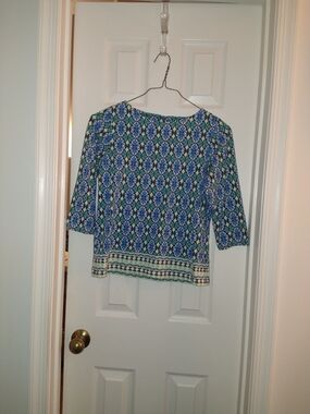 Ruby Rd. Blue and Green Patterned Boatneck Blouse